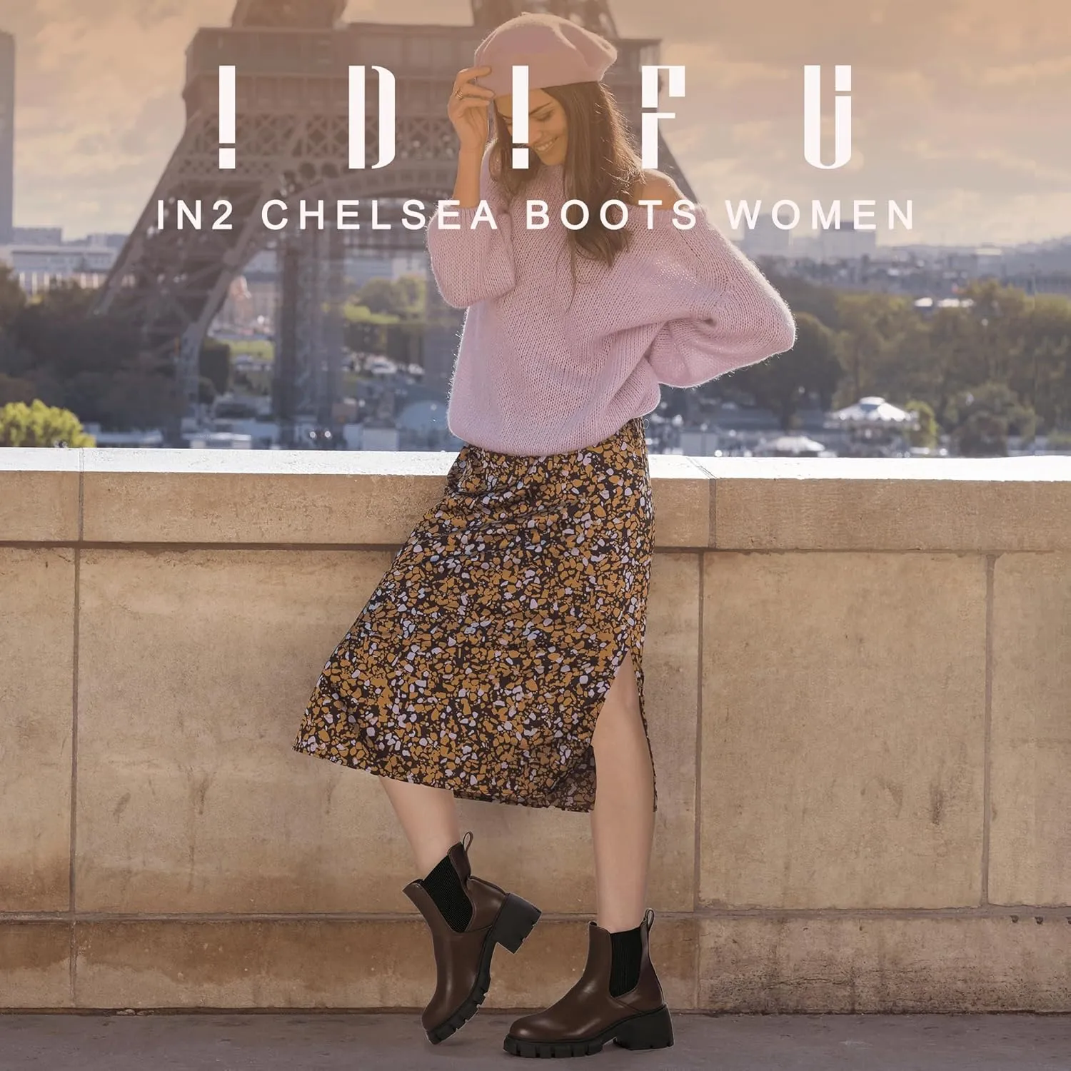 IDIFU IN2 Chelsea Boots Women Ankle Boots for Women Platform Low Heel Short Chunky Lug Sole Block Round Toe Boots Fall Dress Comfortable Fashion Booties for Women Elastic Heeled Boots
