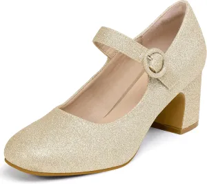 IDIFU IN3 Mary Jane Pumps Closed Toe Low Short Chunky Block Dress Shoes for Women Wedding Bridal Flight Attendant Heels Formal Cute Round Toe Vintage Small Thick Pumps Heels with Round Buckle