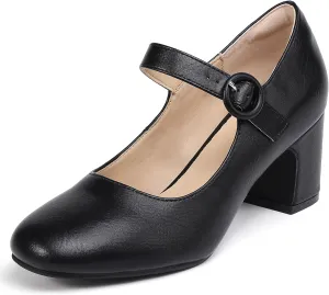 IDIFU IN3 Mary Jane Pumps Closed Toe Low Short Chunky Block Dress Shoes for Women Wedding Bridal Flight Attendant Heels Formal Cute Round Toe Vintage Small Thick Pumps Heels with Round Buckle