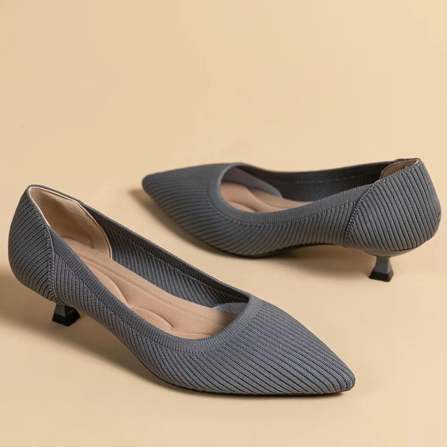 INEELUYI Women's Kitten Heel Pumps Vintage Low Heel Knit Pumps Pointed Toe Wedding Dress Pumps Shoes