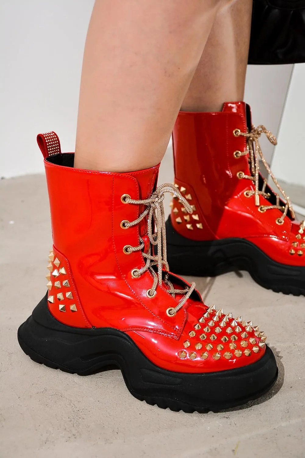 Jadey Spike Studs Rhinestone Chunky Lug Boots (Jadey)