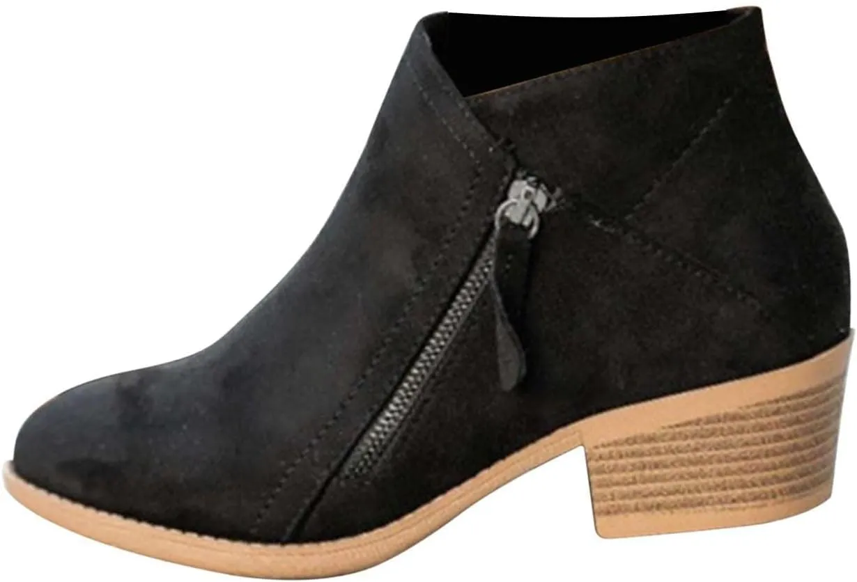 JEGULV Ankle Booties for Women Low Heel Dressy Fashion Pointed Toe Faux Stacked Chunky Heels Side Zipper Booties Shoes
