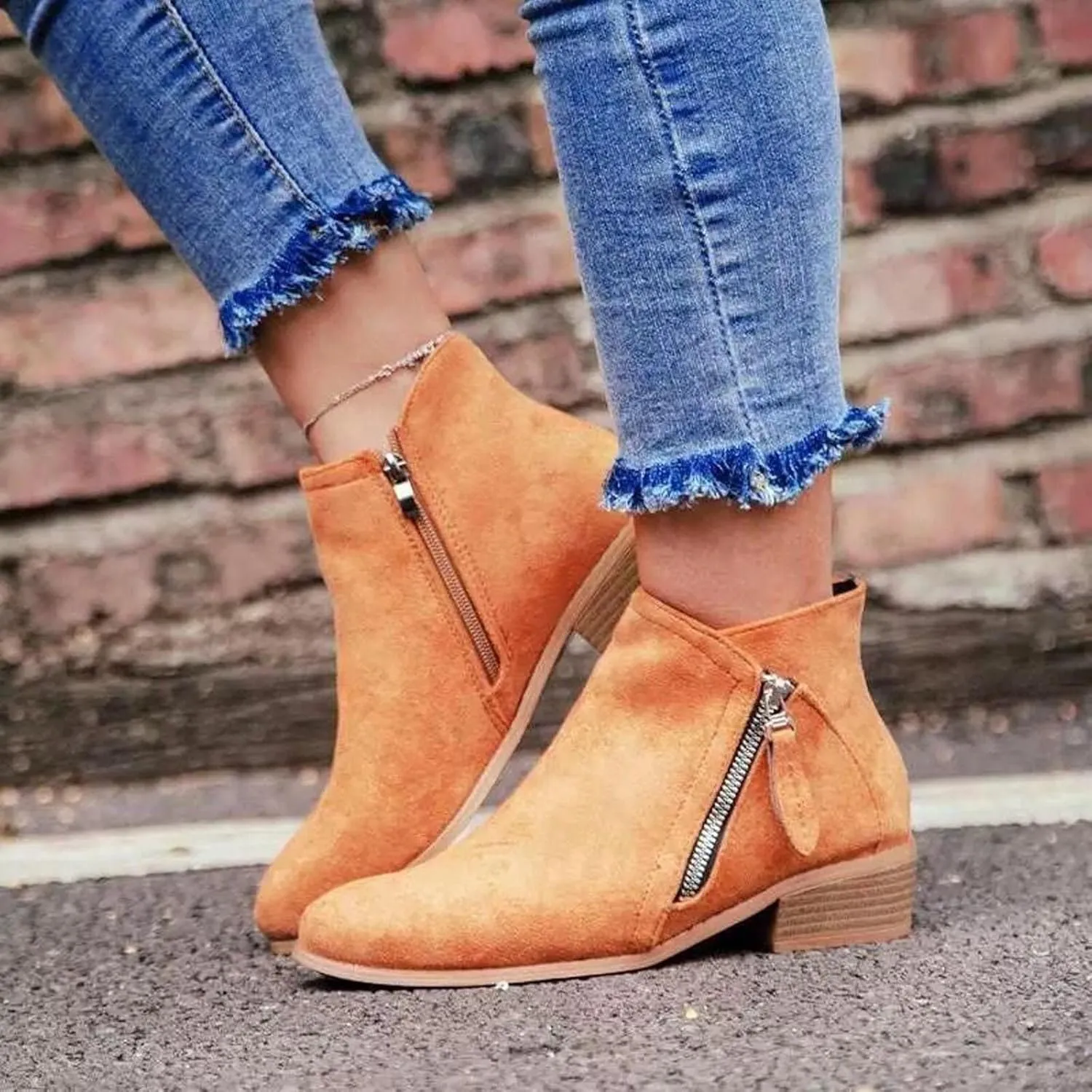 JEGULV Ankle Booties for Women Low Heel Dressy Fashion Pointed Toe Faux Stacked Chunky Heels Side Zipper Booties Shoes