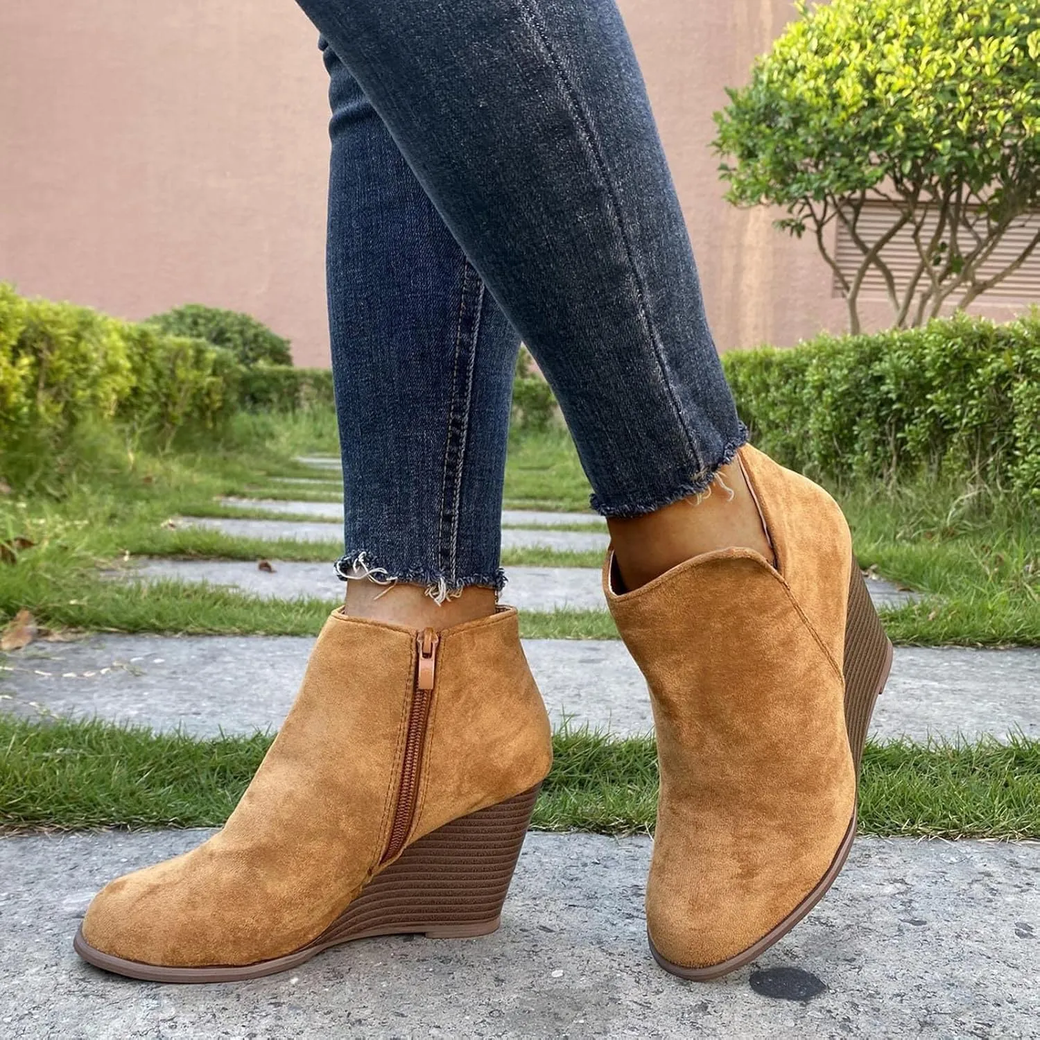 JEGULV Ankle Booties for Women Low Heel Dressy Fashion Pointed Toe Faux Stacked Chunky Heels Side Zipper Booties Shoes