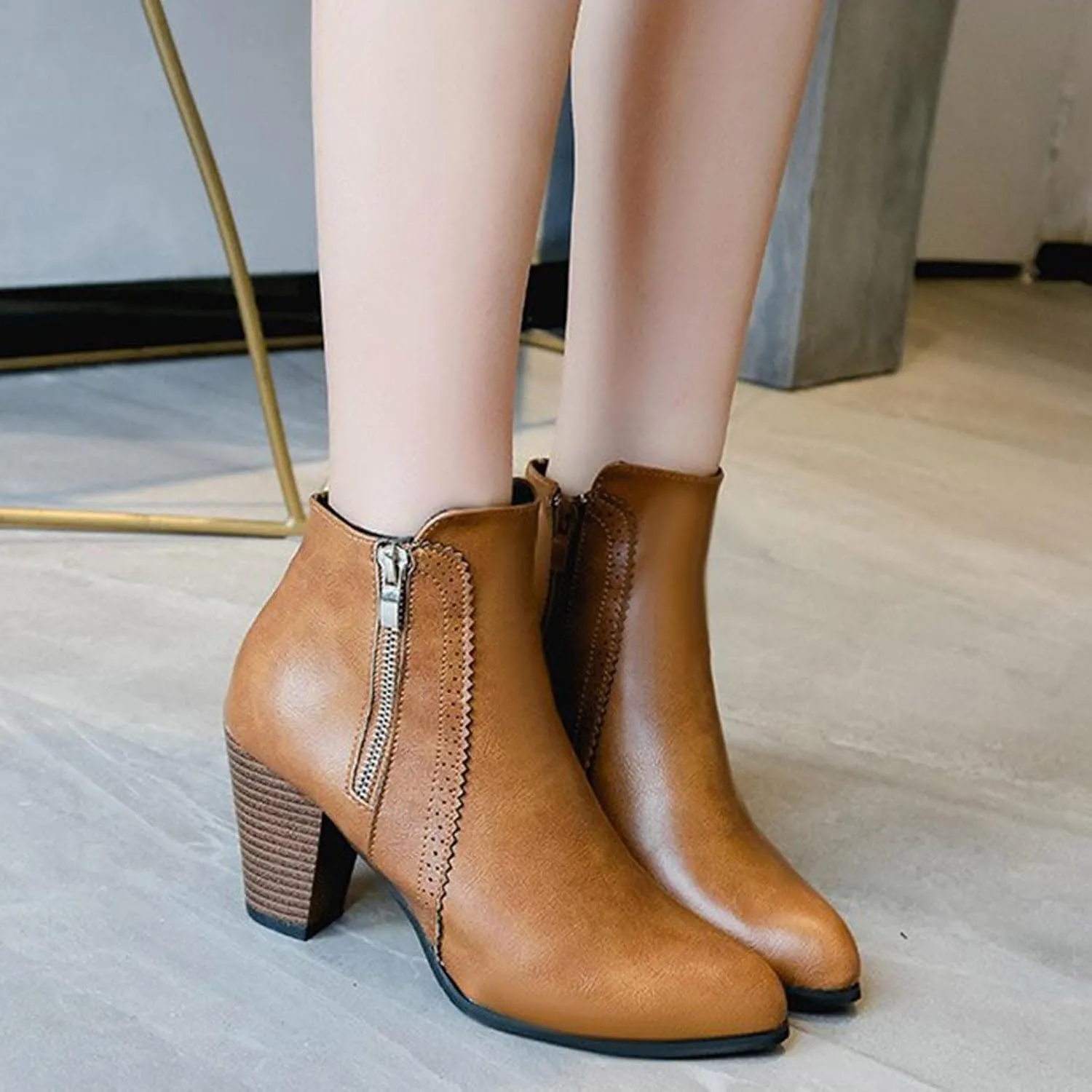 JEGULV Ankle Booties for Women Low Heel Dressy Fashion Pointed Toe Faux Stacked Chunky Heels Side Zipper Booties Shoes