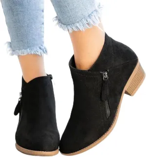 JEGULV Ankle Booties for Women Low Heel Dressy Fashion Pointed Toe Faux Stacked Chunky Heels Side Zipper Booties Shoes