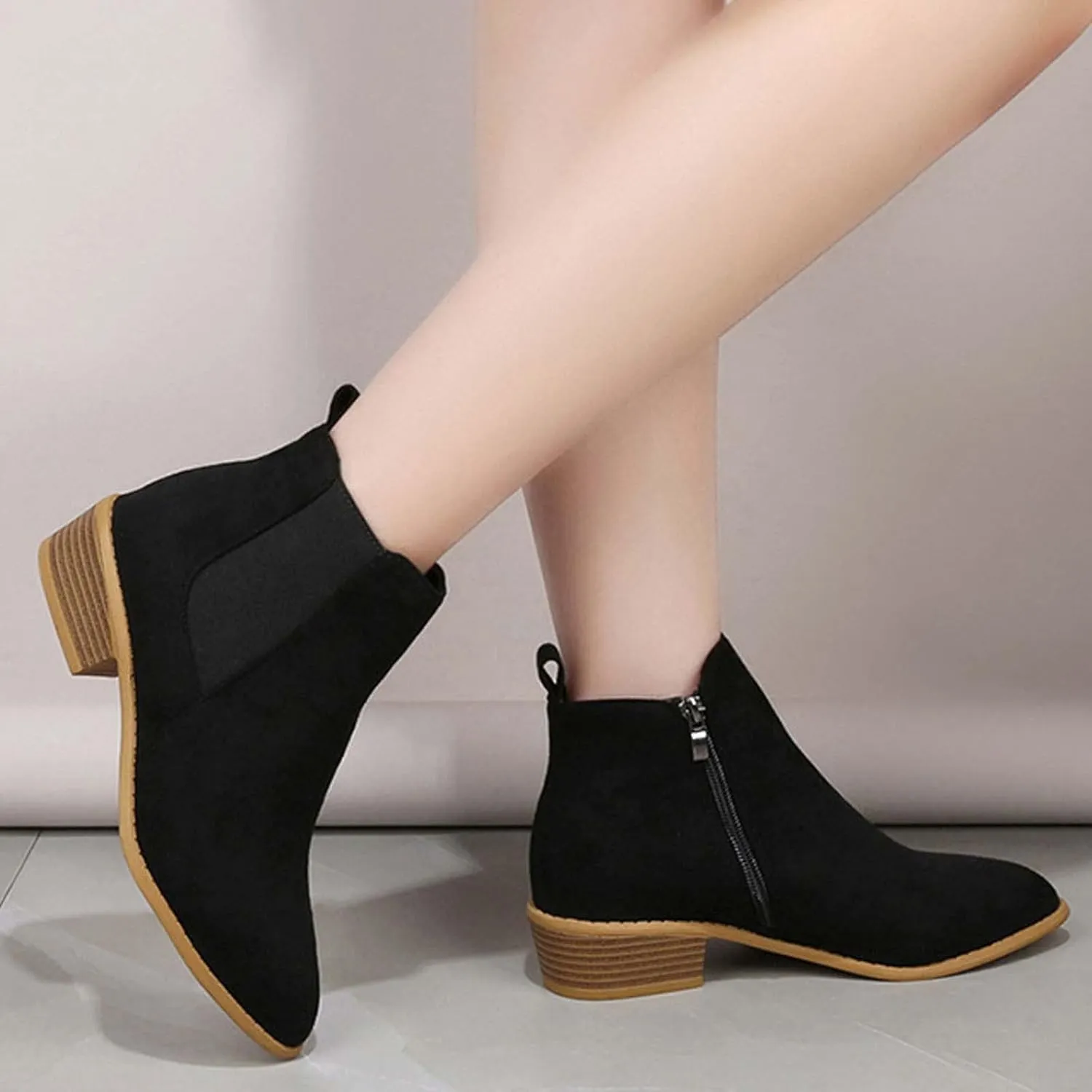 JEGULV Ankle Booties for Women Low Heel Dressy Fashion Pointed Toe Faux Stacked Chunky Heels Side Zipper Booties Shoes