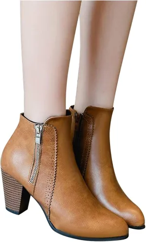 JEGULV Ankle Booties for Women Low Heel Dressy Fashion Pointed Toe Faux Stacked Chunky Heels Side Zipper Booties Shoes
