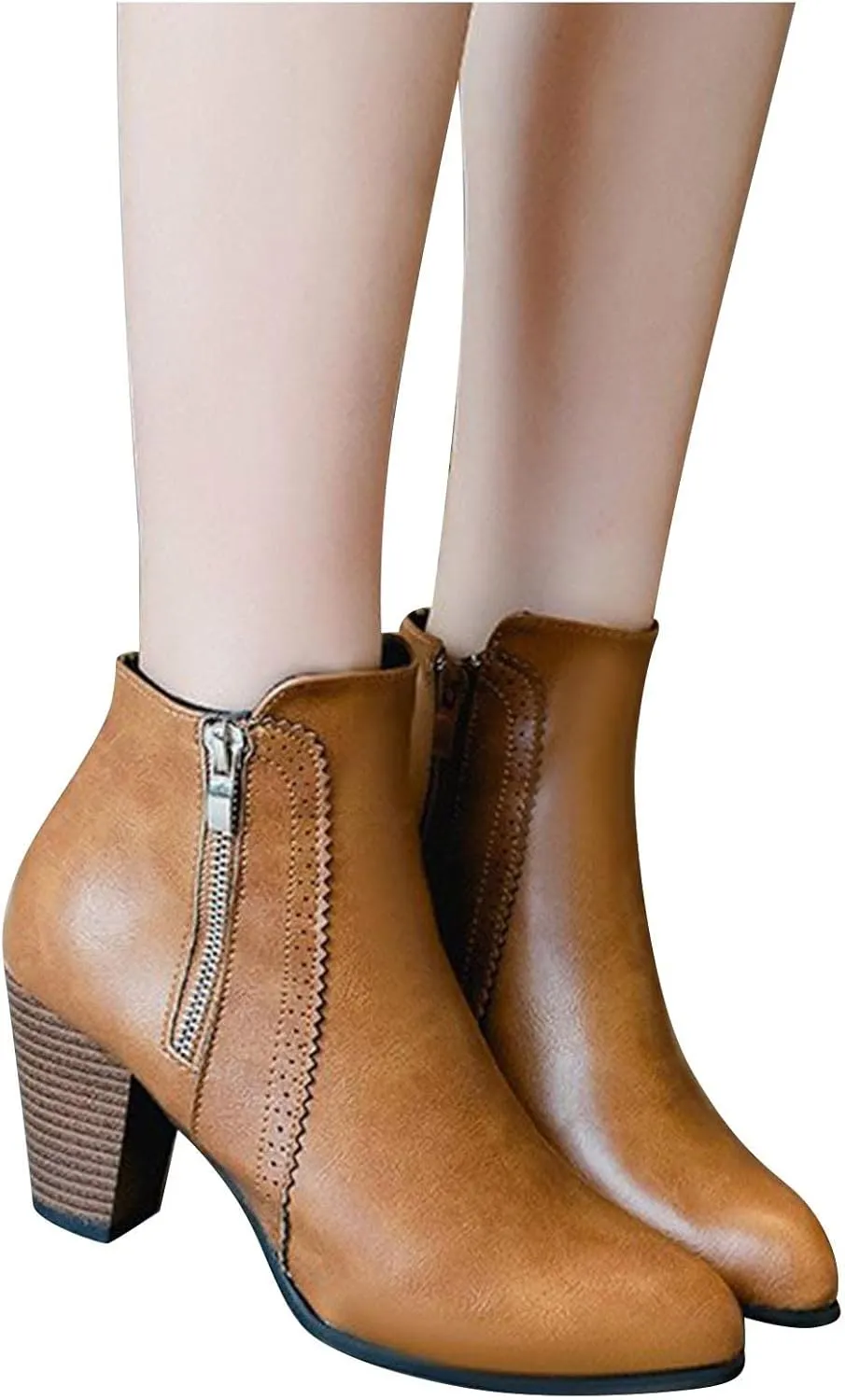 JEGULV Ankle Booties for Women Low Heel Dressy Fashion Pointed Toe Faux Stacked Chunky Heels Side Zipper Booties Shoes