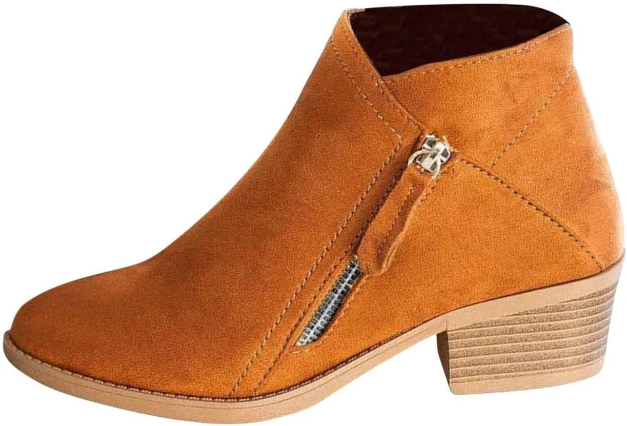 JEGULV Ankle Booties for Women Low Heel Dressy Fashion Pointed Toe Faux Stacked Chunky Heels Side Zipper Booties Shoes