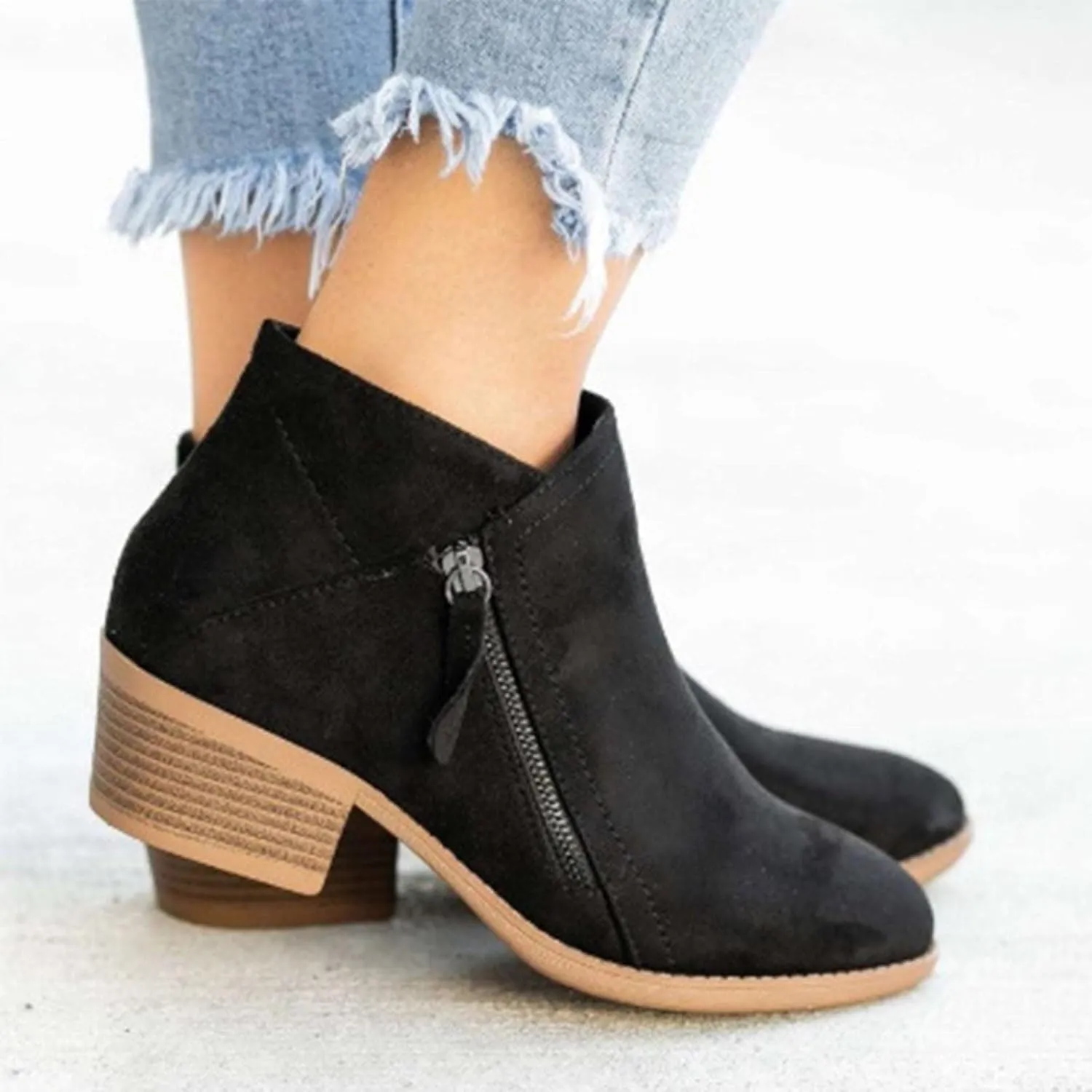 JEGULV Ankle Booties for Women Low Heel Dressy Fashion Pointed Toe Faux Stacked Chunky Heels Side Zipper Booties Shoes