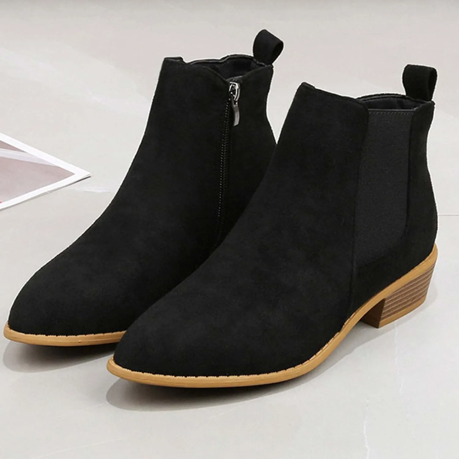 JEGULV Ankle Booties for Women Low Heel Dressy Fashion Pointed Toe Faux Stacked Chunky Heels Side Zipper Booties Shoes