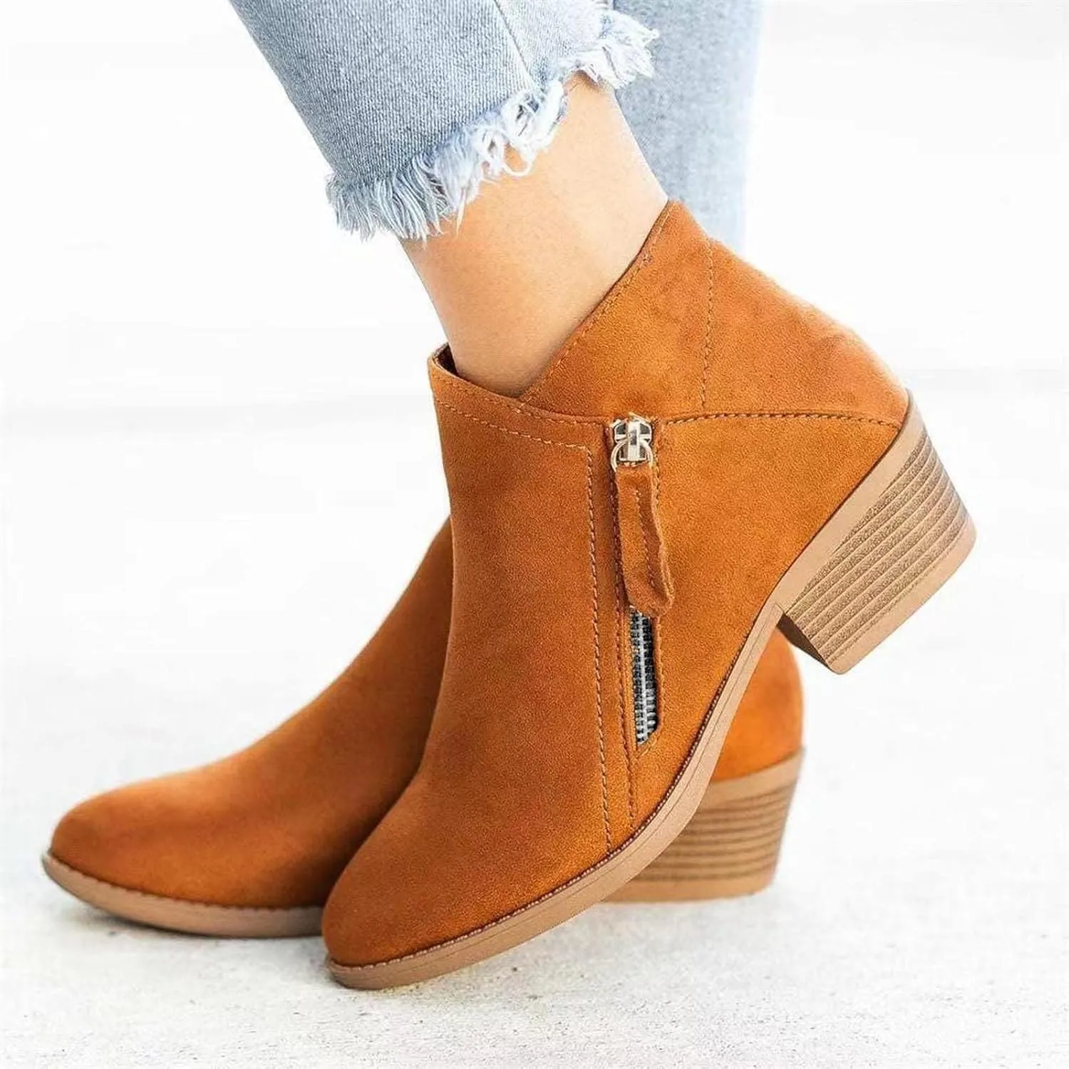 JEGULV Ankle Booties for Women Low Heel Dressy Fashion Pointed Toe Faux Stacked Chunky Heels Side Zipper Booties Shoes
