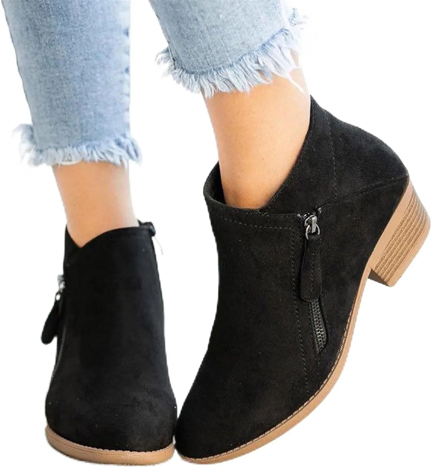 JEGULV Ankle Booties for Women Low Heel Dressy Fashion Pointed Toe Faux Stacked Chunky Heels Side Zipper Booties Shoes