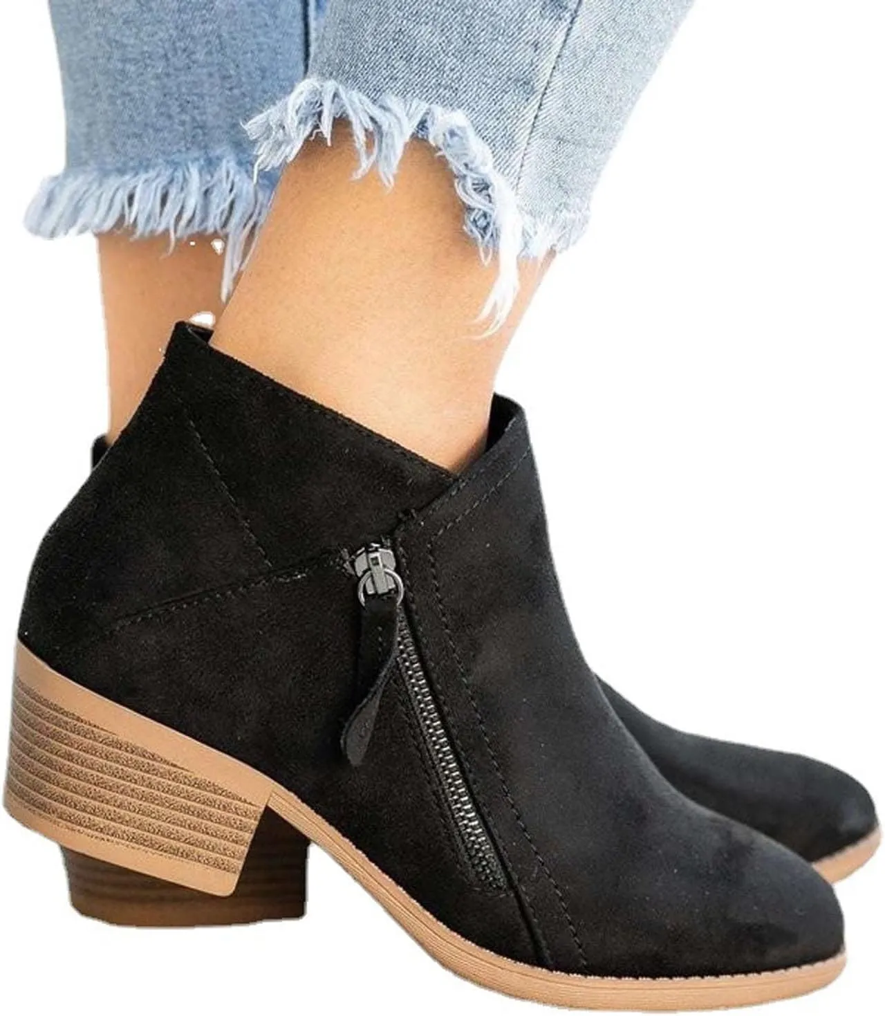 JEGULV Ankle Booties for Women Low Heel Dressy Fashion Pointed Toe Faux Stacked Chunky Heels Side Zipper Booties Shoes