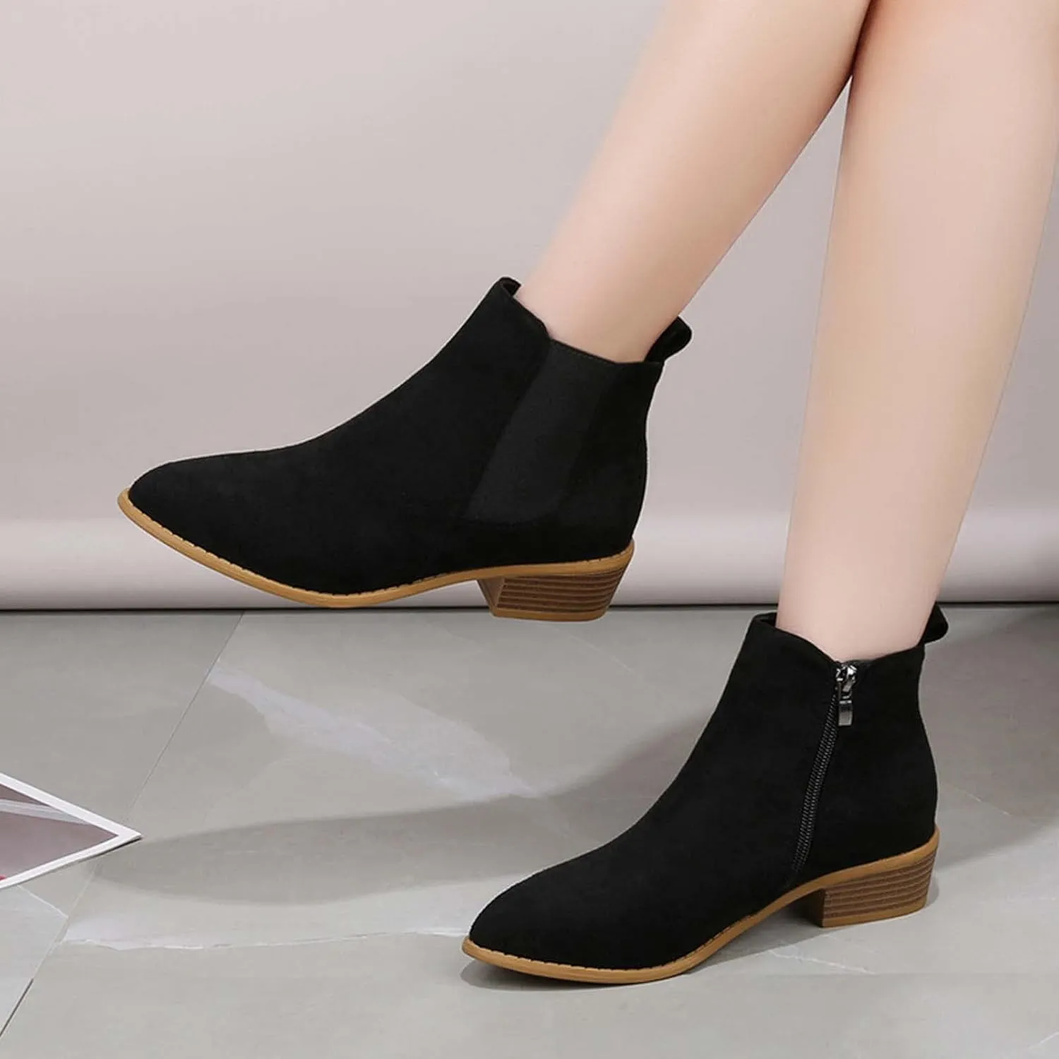 JEGULV Ankle Booties for Women Low Heel Dressy Fashion Pointed Toe Faux Stacked Chunky Heels Side Zipper Booties Shoes