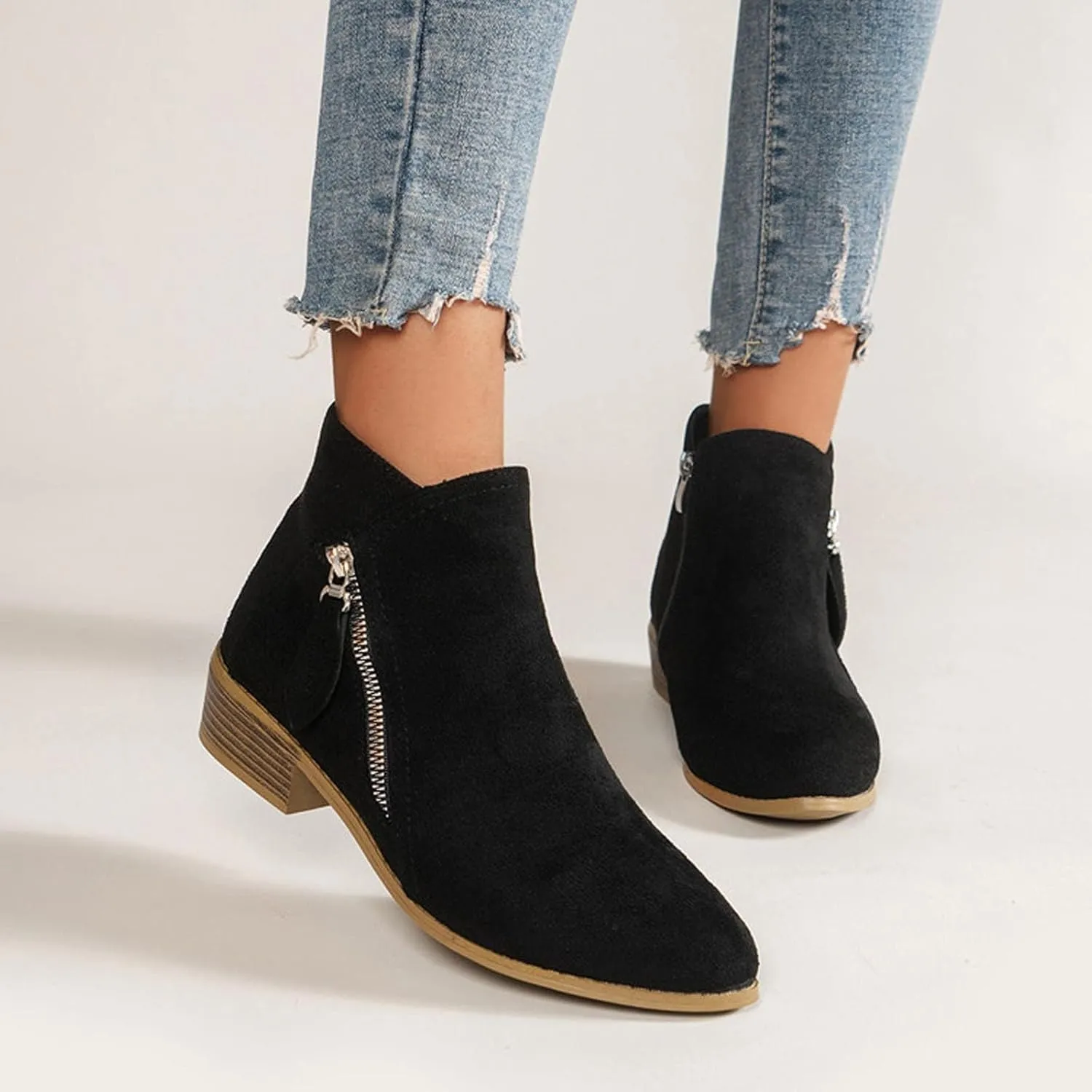 JEGULV Ankle Booties for Women Low Heel Dressy Fashion Pointed Toe Faux Stacked Chunky Heels Side Zipper Booties Shoes