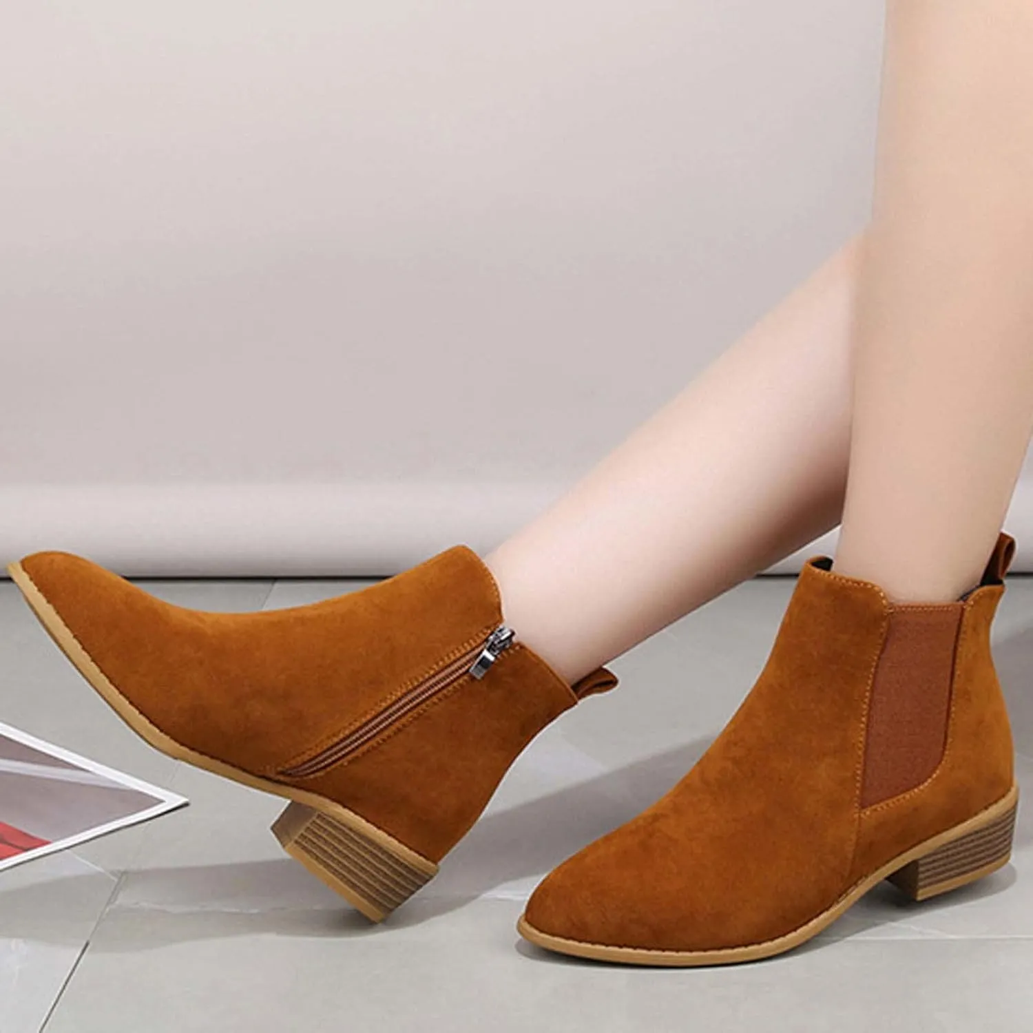JEGULV Ankle Booties for Women Low Heel Dressy Fashion Pointed Toe Faux Stacked Chunky Heels Side Zipper Booties Shoes