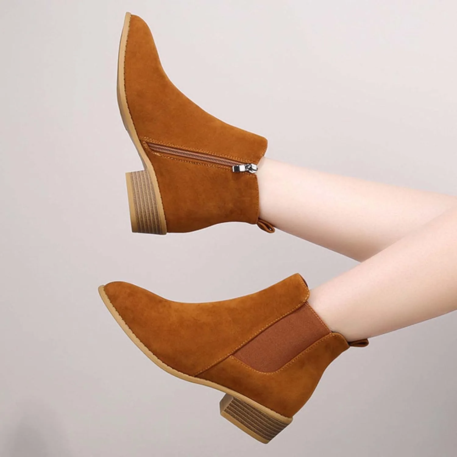 JEGULV Ankle Booties for Women Low Heel Dressy Fashion Pointed Toe Faux Stacked Chunky Heels Side Zipper Booties Shoes