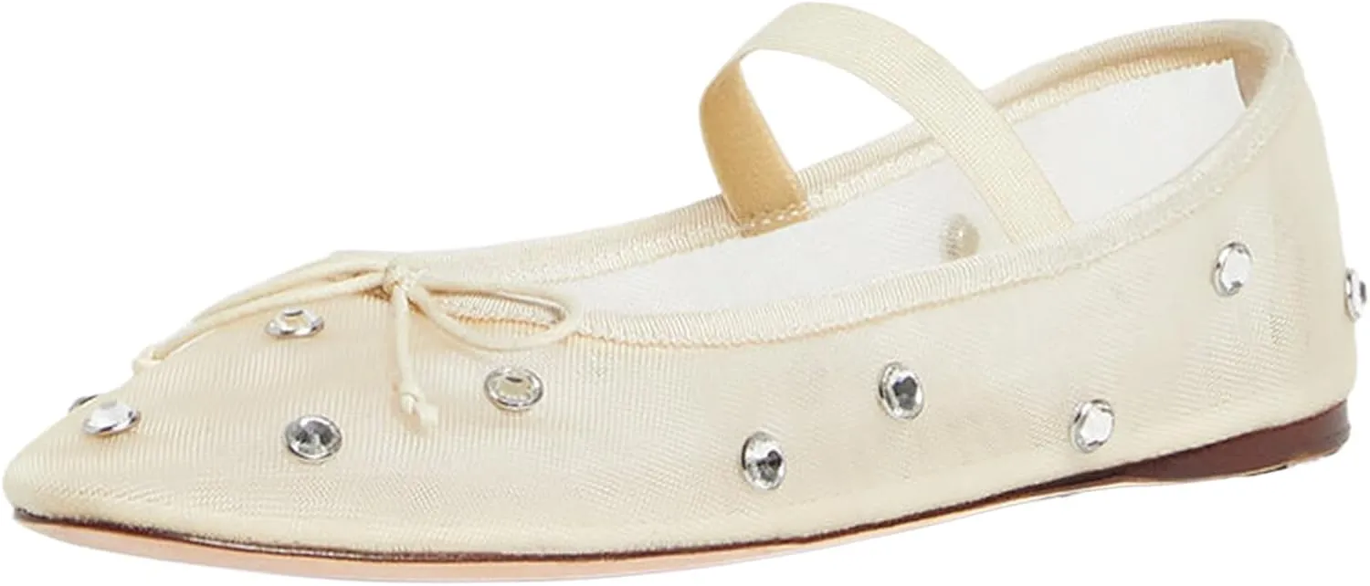 JORISTIMO Crystal Mesh Ballet Flats Stretch Band Snip Toe Ballerinas Flats Mary Jane