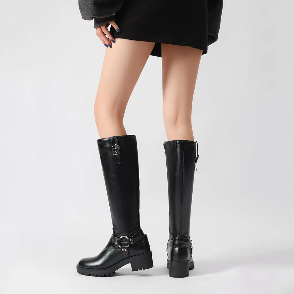 JOZHAMTA Women's Knee High Boots Buckle Chunky Heel Riding Boots Wide Calf Fall Winter Shoes