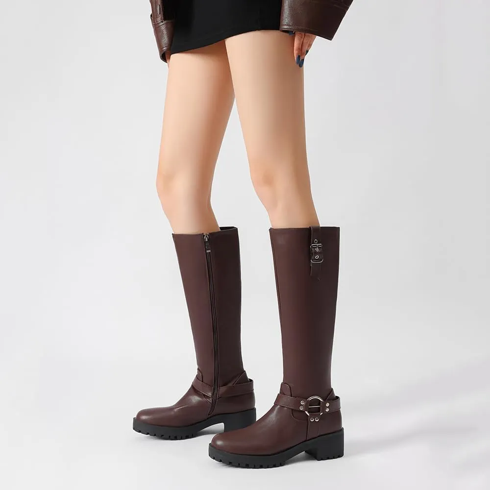 JOZHAMTA Women's Knee High Boots Buckle Chunky Heel Riding Boots Wide Calf Fall Winter Shoes