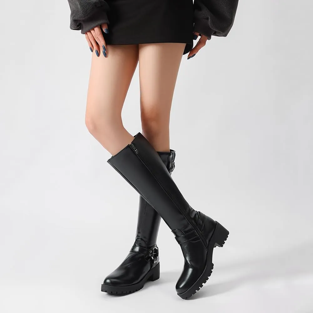 JOZHAMTA Women's Knee High Boots Buckle Chunky Heel Riding Boots Wide Calf Fall Winter Shoes