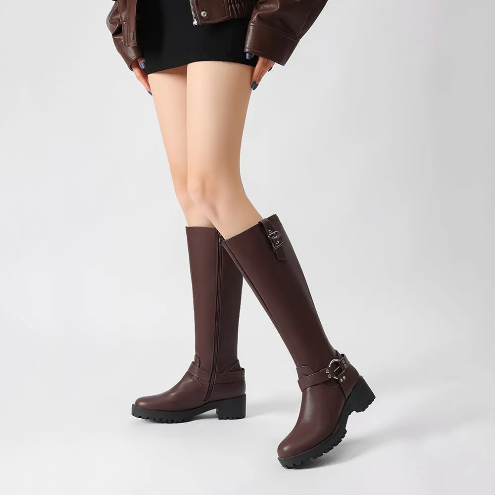 JOZHAMTA Women's Knee High Boots Buckle Chunky Heel Riding Boots Wide Calf Fall Winter Shoes