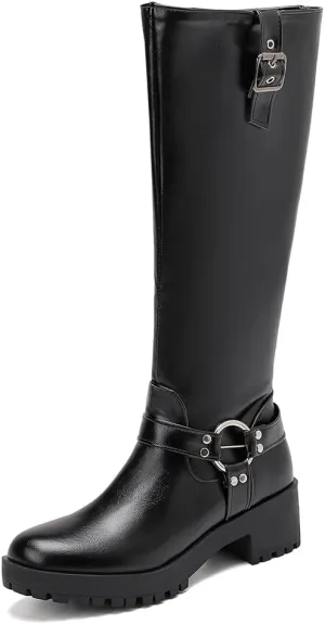JOZHAMTA Women's Knee High Boots Buckle Chunky Heel Riding Boots Wide Calf Fall Winter Shoes