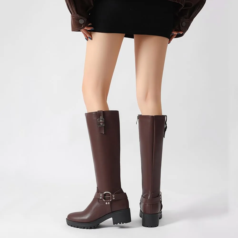 JOZHAMTA Women's Knee High Boots Buckle Chunky Heel Riding Boots Wide Calf Fall Winter Shoes