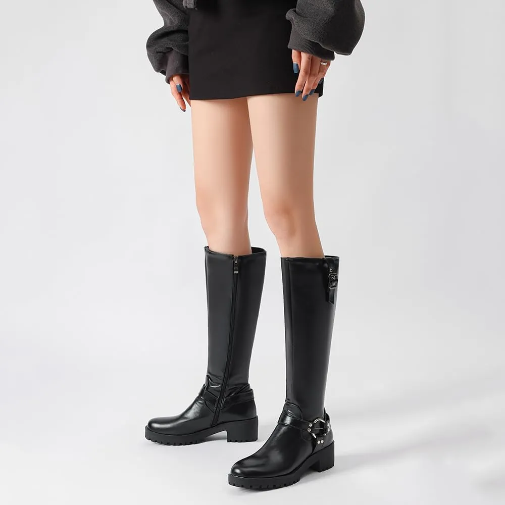 JOZHAMTA Women's Knee High Boots Buckle Chunky Heel Riding Boots Wide Calf Fall Winter Shoes