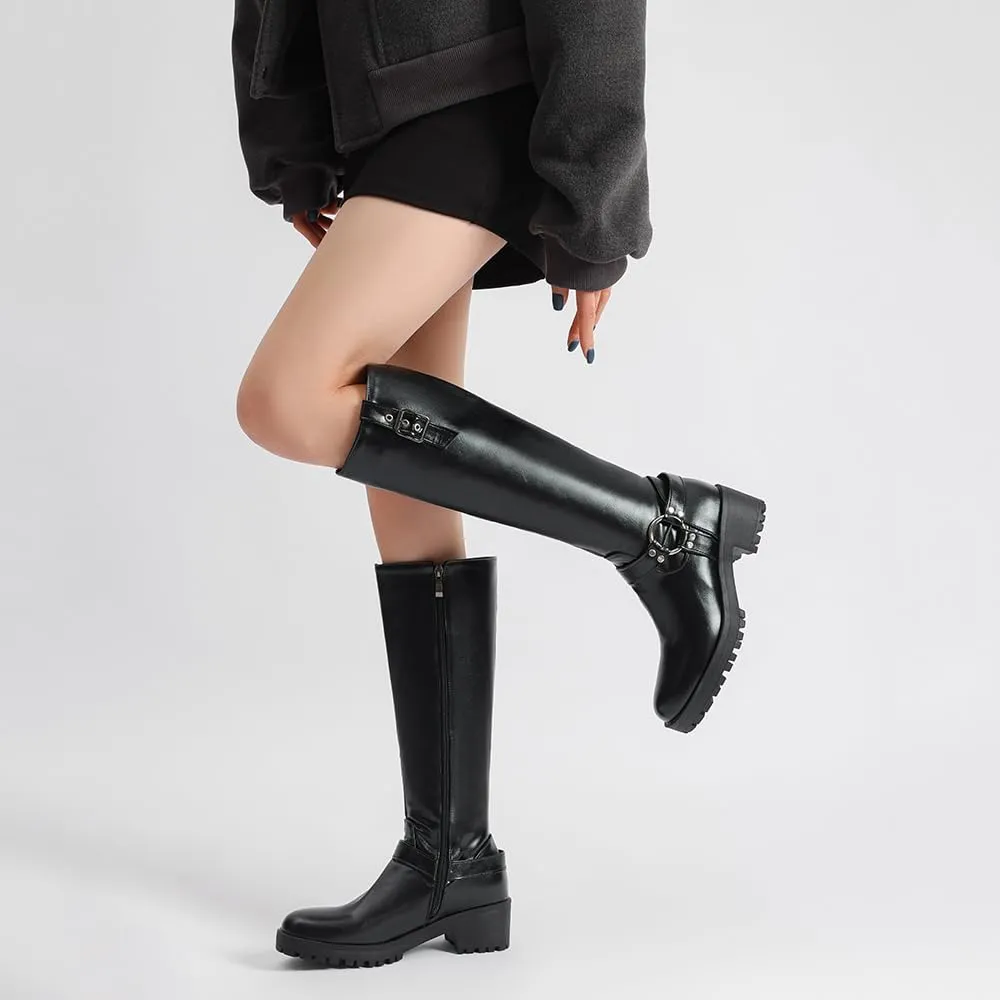 JOZHAMTA Women's Knee High Boots Buckle Chunky Heel Riding Boots Wide Calf Fall Winter Shoes