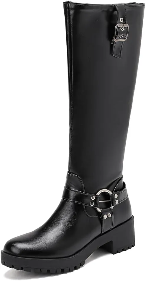 JOZHAMTA Women's Knee High Boots Buckle Chunky Heel Riding Boots Wide Calf Fall Winter Shoes