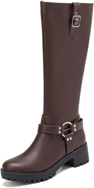 JOZHAMTA Women's Knee High Boots Buckle Chunky Heel Riding Boots Wide Calf Fall Winter Shoes