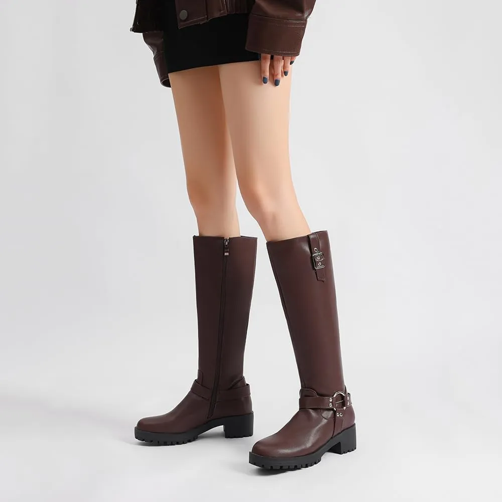 JOZHAMTA Women's Knee High Boots Buckle Chunky Heel Riding Boots Wide Calf Fall Winter Shoes