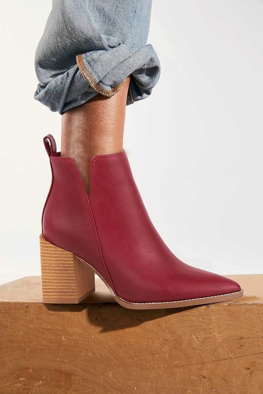 Juliet Holy Women's V Cut Ankle Boots Pointed Toe Stacked Chunky Heel Side Zipper Leather Cutout Western Booties