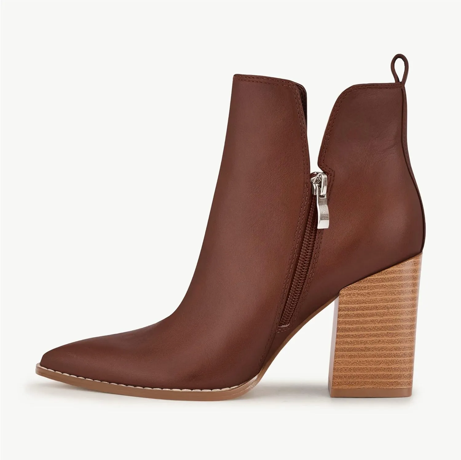 Juliet Holy Women's V Cut Ankle Boots Pointed Toe Stacked Chunky Heel Side Zipper Leather Cutout Western Booties