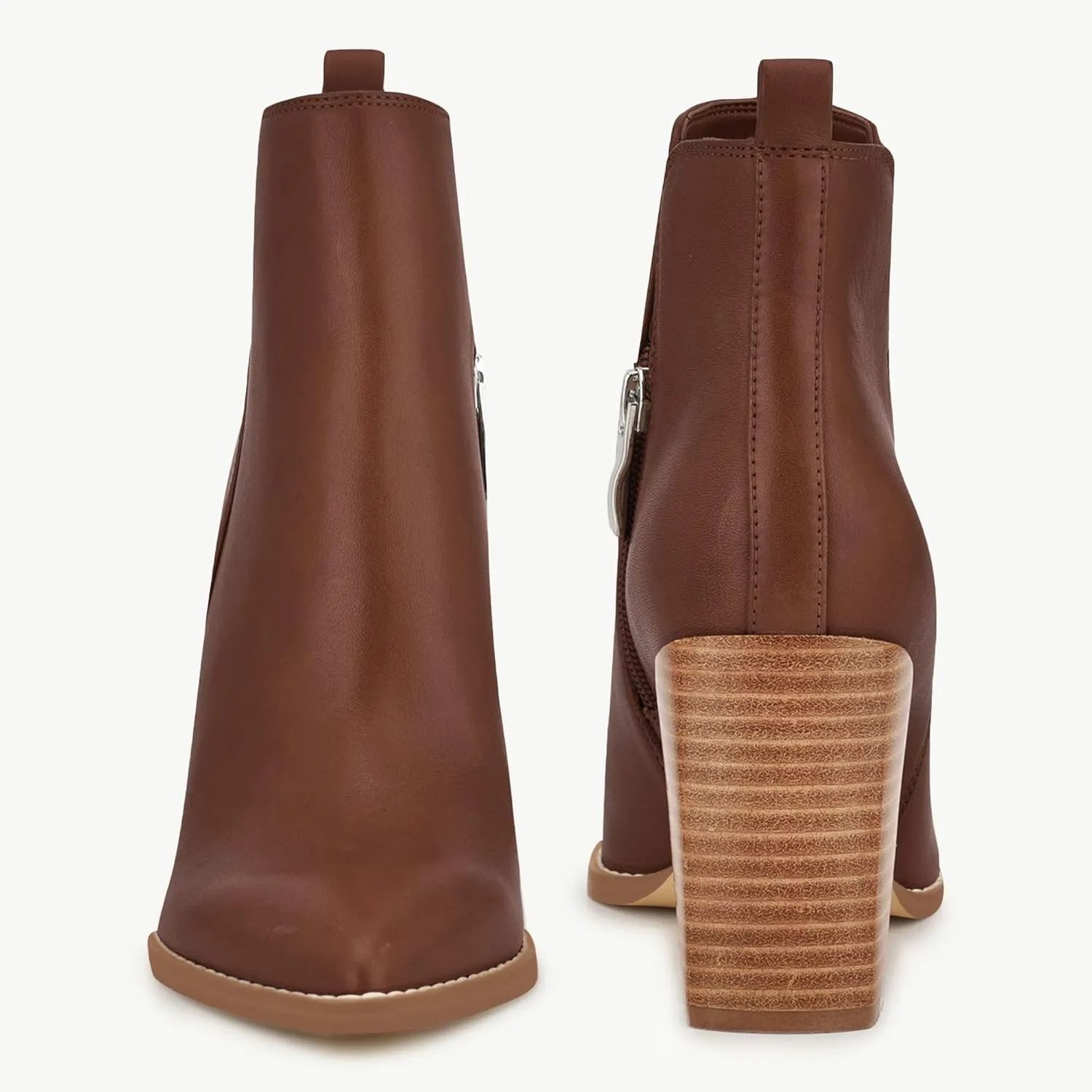 Juliet Holy Women's V Cut Ankle Boots Pointed Toe Stacked Chunky Heel Side Zipper Leather Cutout Western Booties
