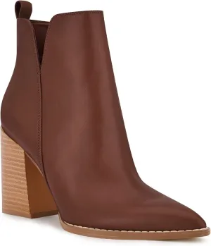Juliet Holy Women's V Cut Ankle Boots Pointed Toe Stacked Chunky Heel Side Zipper Leather Cutout Western Booties