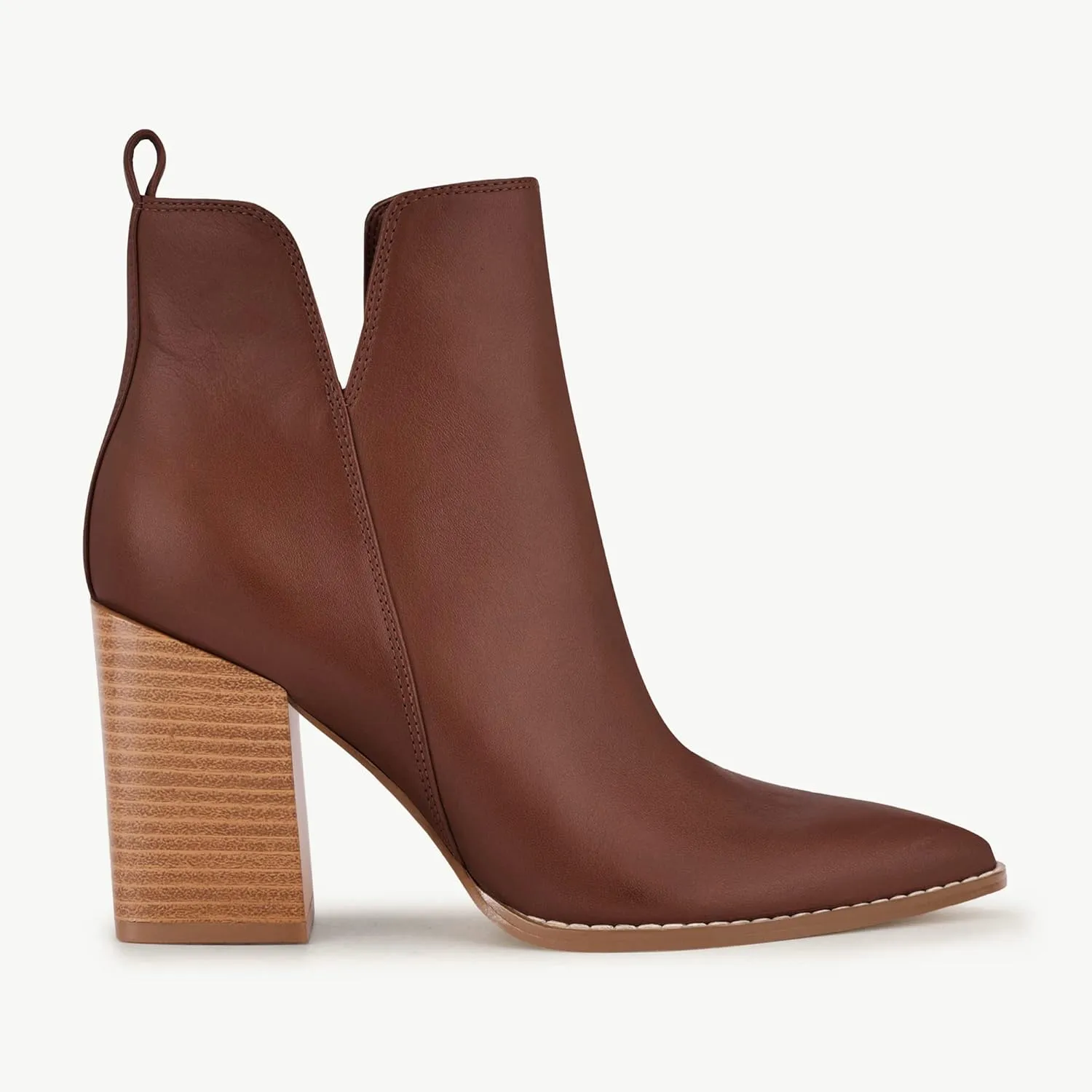 Juliet Holy Women's V Cut Ankle Boots Pointed Toe Stacked Chunky Heel Side Zipper Leather Cutout Western Booties