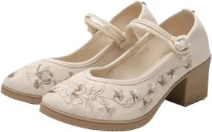 JYHBHMZG Embroider Cotton Fabric Women Heels Ethnic Style Pumps Ladies Summer Sandals Spring Shoes Beige 4.5