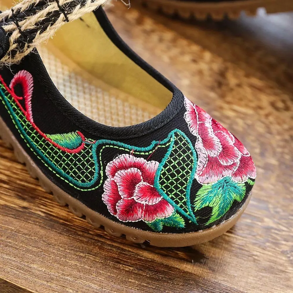 JYHBHMZG Spring Handmade Thailand Ballet Flats Women Casual Flower Embroidery Cotton Shoes Asakuchi Breathable Shoes