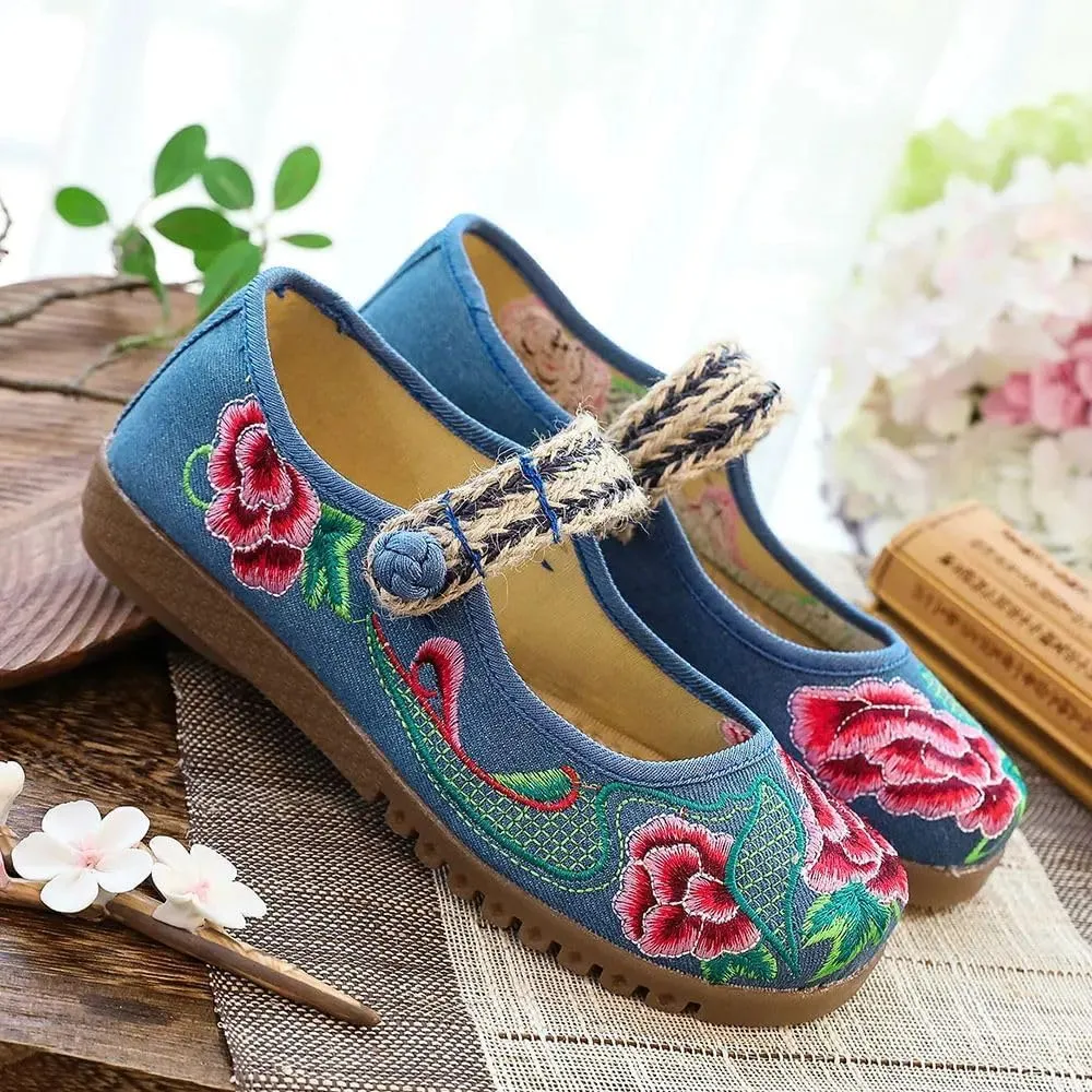 JYHBHMZG Spring Handmade Thailand Ballet Flats Women Casual Flower Embroidery Cotton Shoes Asakuchi Breathable Shoes