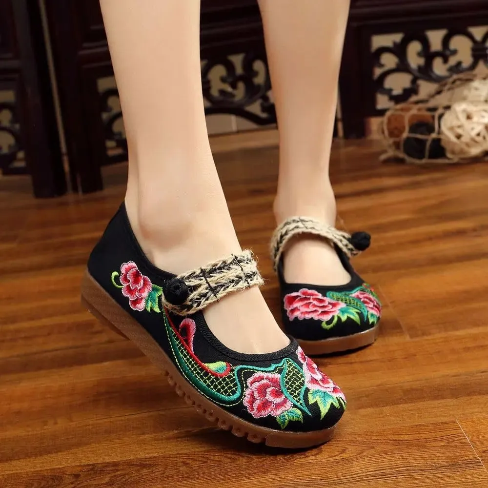 JYHBHMZG Spring Handmade Thailand Ballet Flats Women Casual Flower Embroidery Cotton Shoes Asakuchi Breathable Shoes