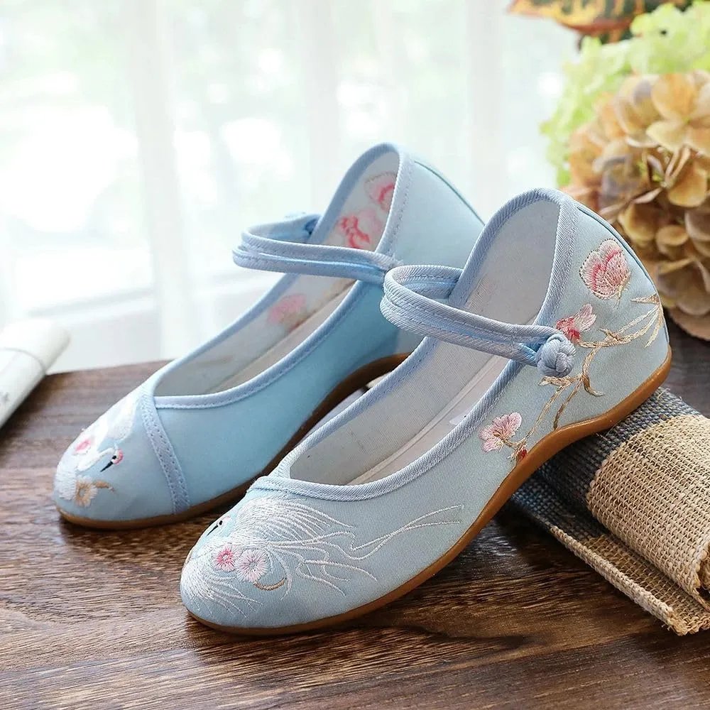 JYHBHMZG Women Cotton Fabric Embroidered Ballet Flats Retro Ladies Casual Walking Shoes Comfortable White Red Blue