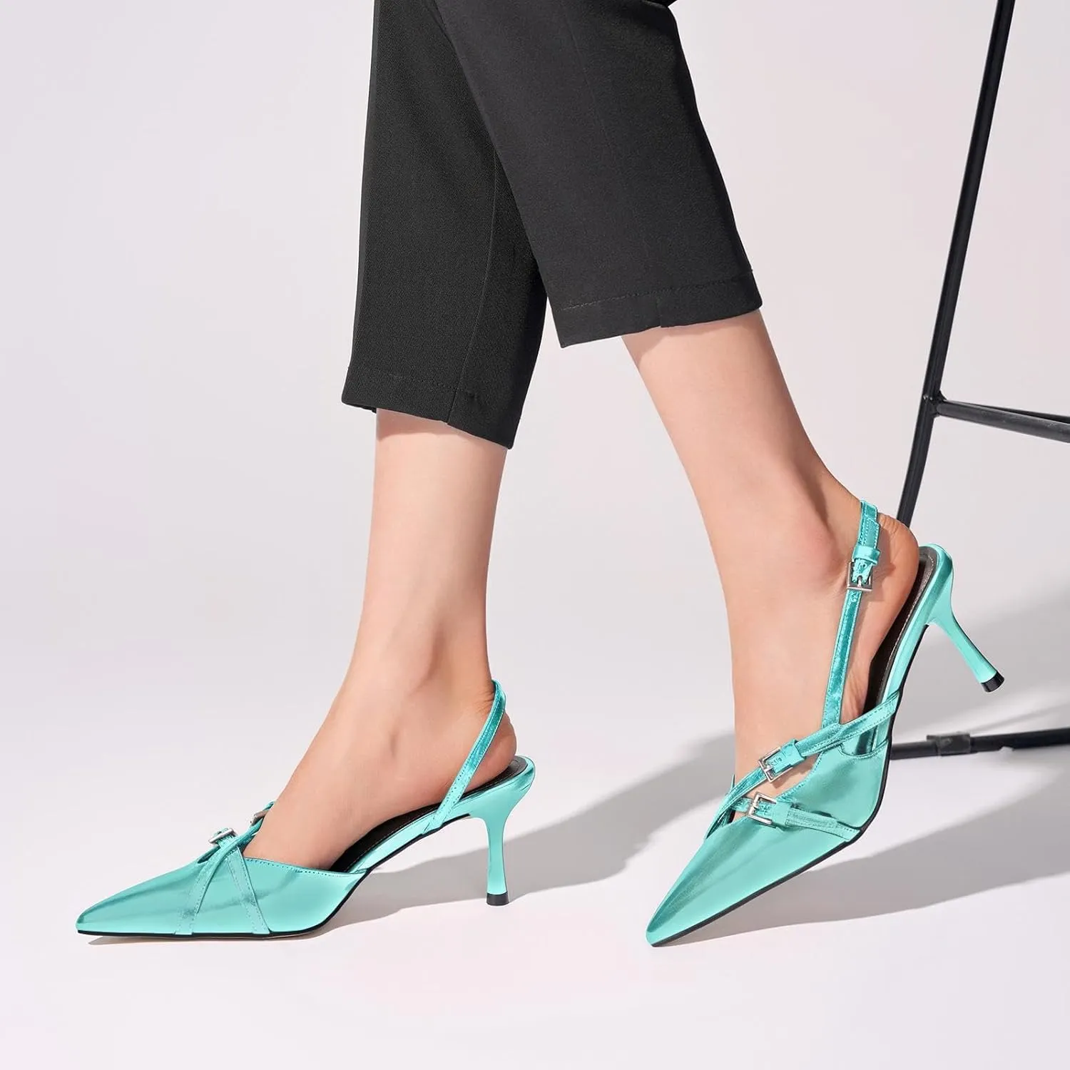 KaroNairy Kitten Heels for Women Pointed Toe Slingback Heels Closed Toe Wedding Dress Pumps with Buckles