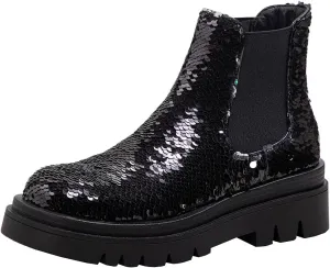 keleimusi Women's Sequins Chelsea Boots Low Heel Slip On Elastic Ankle Boots Round Toe Combat Booties