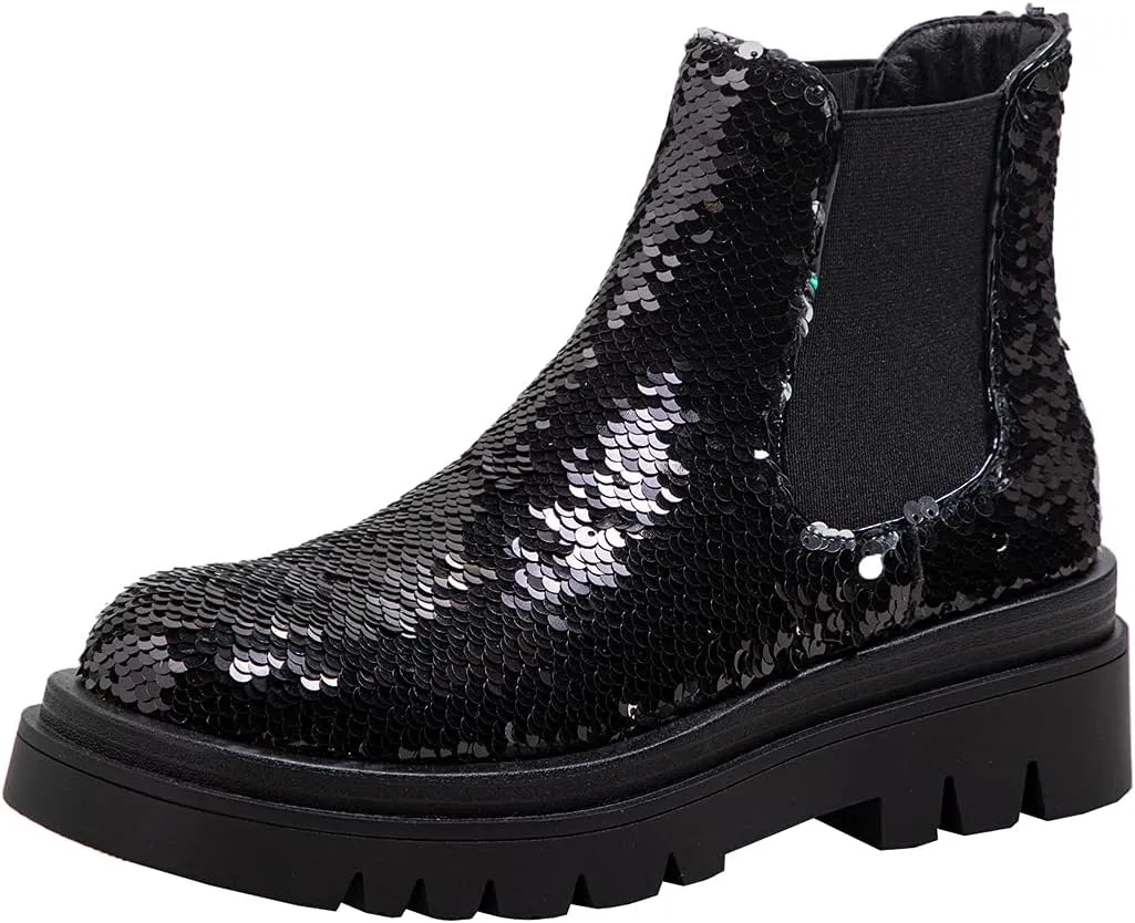 keleimusi Women's Sequins Chelsea Boots Low Heel Slip On Elastic Ankle Boots Round Toe Combat Booties