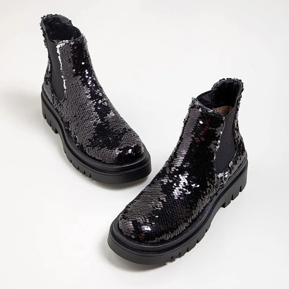 keleimusi Women's Sequins Chelsea Boots Low Heel Slip On Elastic Ankle Boots Round Toe Combat Booties