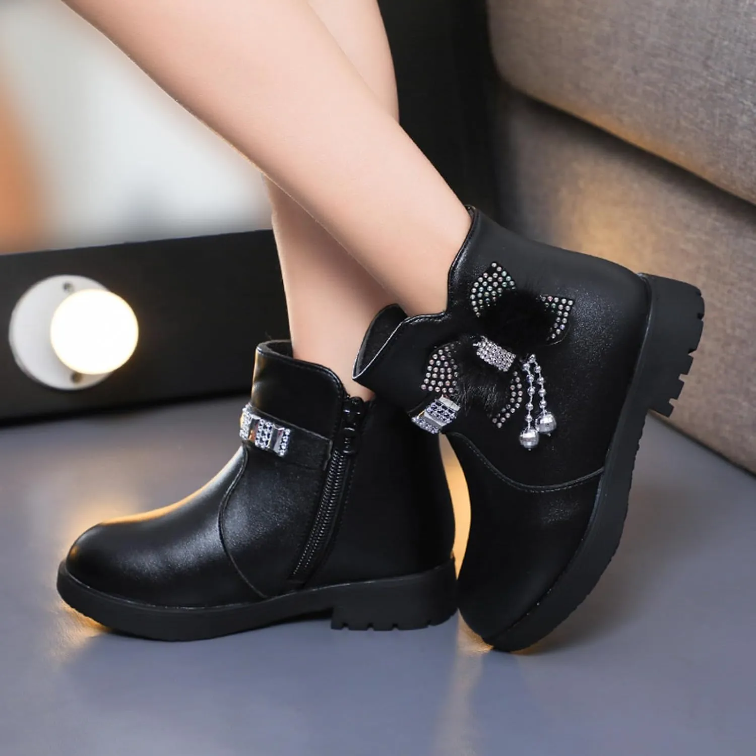 Kids Ankle Boots for Girls Side Zipper Round Toe Casual Short Booties Short Glitter Side Zipper Casual Shoes